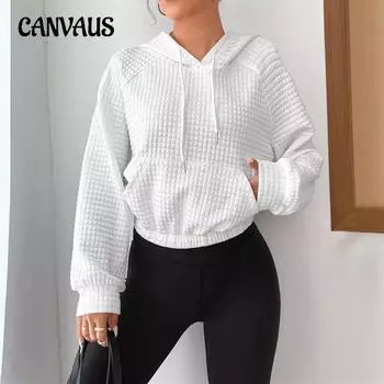 Весенняя женская свободная толстовка с капюшоном и длинным рукавом с вафельной отделкой S белый