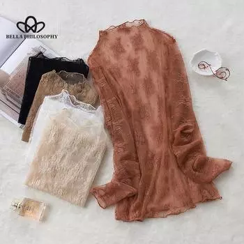 Весенняя женская водолазка с длинным рукавом и кружевной рубашкой Сексуальная блузка Леди Тонкая блузка Женские рубашки Топы One Size белый