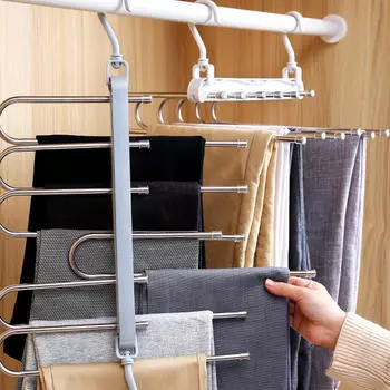 Вешалка для брюк, складная стойка, экономящая место, органайзер для гардероба, 6 слоев брюк синий
