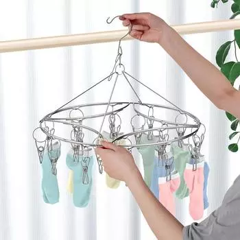 Вешалка для чулок с 16 зажимами, складной круглый крючок из нержавеющей стали с несколькими зажимами для сушки носков 16