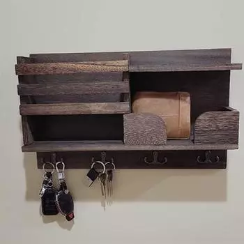 Вешалка для ключей, настенный органайзер с 4 крючками, прочный, выдерживающий нагрузку, декоративный деревянный почтовый держатель в деревенском стиле, органайзер для хранения коричневый
