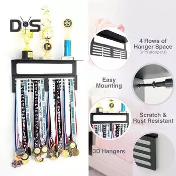 Вешалка для медалей с полкой для трофеев. Прочная несущая способность. Простая установка. Настенный держатель для медалей. Дисплей для наград и трофеев. белый
