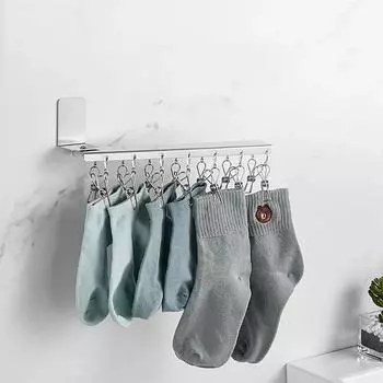 Вешалка для носков из нержавеющей стали, настенная подвеска для балкона, зажим для сушки одежды с несколькими зажимами, без перфорации, вращающийся, ветрозащитный зажим для детских носков