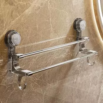 Вешалка для полотенец на присоске с двойным стержнем, бытовое хранение полотенец для ванной комнаты с крючками для хранения как влажных, так и сухих полотенец Short 38.5*10.5*21cm серый