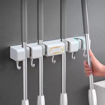 Вешалка для швабры без проколов, пластиковая стойка для хранения швабры, практичный настенный держатель для швабры для ванной комнаты серый