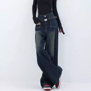 Весна 2000-х годов, винтажные мешковатые джинсы, женские 90-е эстетические джинсовые брюки с высокой талией Y2k, женские брюки в стиле Харадзюку, ретро-модный дизайн, широкие брюки S темно-синий