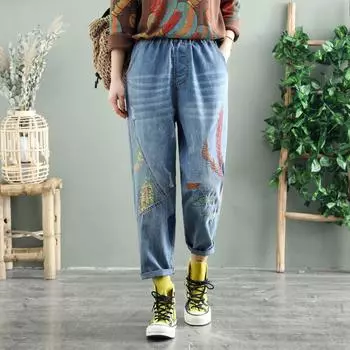 Весна 2021 года, новые модные женские джинсы, эластичные, с высокой талией, свободные, вышитые, прямые, повседневные брюки M темно-синий