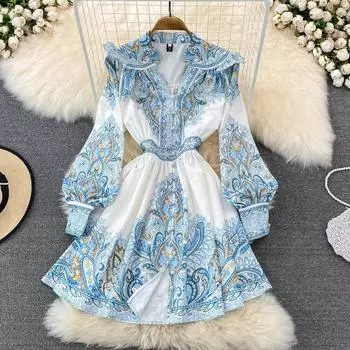 Весна 2022 года, новое австралийское платье с v-образным вырезом и рукавами-фонариками, с высокой талией, тонким длинным рукавом и принтом в форме буквы А-слово S темно-синий