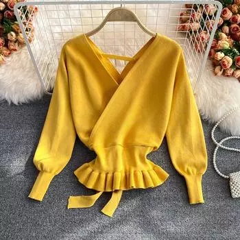 Весна 2025 года, новый длинный рукав, V-образный вырез, рукав «летучая мышь», ремешок на талии, тонкий эластичный свитер в иностранном стиле One Size чёрный