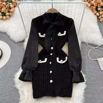 Весна 2022, модное платье знаменитостей с небольшим ароматом и бантом, облегающее платье соответствующего цвета с длинными рукавами и запахом ягодиц