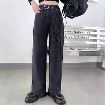 Весна 2022, модные женские джинсы с высокой талией на шнуровке, женские широкие джинсы, мешковатые женские джинсовые капри, брюки, джинсовые брюки для мамы S чёрный
