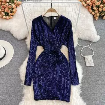 Весна 2022, новое сексуальное эластичное блестящее платье с v-образным вырезом и длинными рукавами, плиссированное тонкое платье на бедрах с запахом