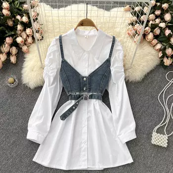 Весна 2022, новый стиль, белая рубашка с лацканами и пузырьковыми рукавами, женская + джинсовые подтяжки, комплект из двух предметов в иностранном стиле