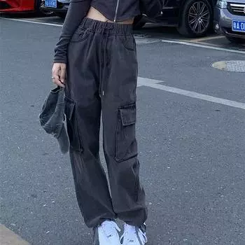 Весна 2022, женская мода, эластичные женские широкие джинсы с высокой талией, мешковатые женские джинсовые брюки-карго, джинсовые брюки для мамы S серый