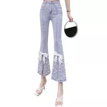 Весна 2022, женская мода, высокая талия, расшитый бисером и бантом, женские расклешенные джинсы, женские джинсовые капри, брюки, джинсовые брюки для мамы S синий