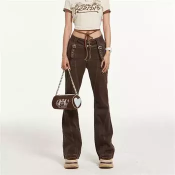 Весна 2022, женские эстетические женские широкие джинсы с высокой талией, мешковатые женские джинсовые капри, брюки, джинсовые брюки для мамы S шоколадный