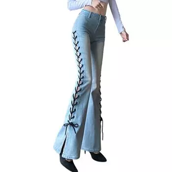 Весна 2022, женские джинсы с завышенной талией, женские узкие джинсы на шнуровке, женские джинсовые капри, брюки, джинсы для мам, расклешенные джинсы, эстетичные брюки S темно-синий