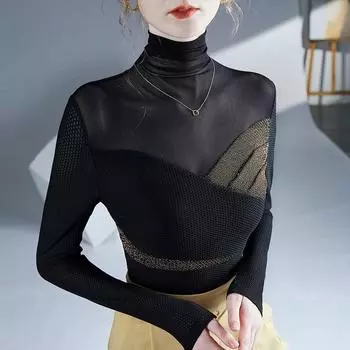 Весна 2023 Блузка с высоким воротником, люрексовой сеткой и пэчворком - Стильная базовая вещь для весны и осени X-Large