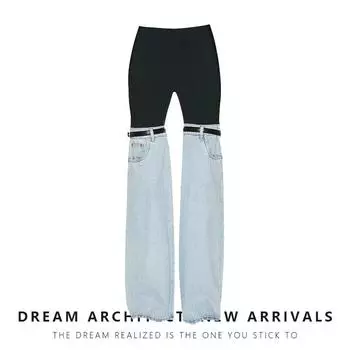 Весна 2023 Дизайнерские джинсы с высокой талией и широкими штанинами в американском стиле пэчворк для женщин Large джинсовый/чёрный