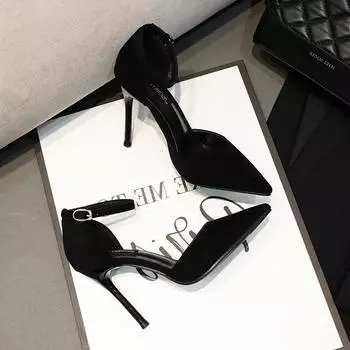 Весна 2023 г. Женские черные замшевые туфли на шпильках с острым носком и шнуровкой Size 40