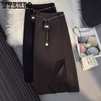 Весна 2023, простая однотонная твидовая полуюбка с высокой талией, модная узкая юбка средней длины с изысканным поясом на талии и разрезом по бокам S чёрный