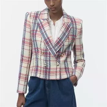 Весна 2023 Zaura женский клетчатый шерстяной двубортный пиджак приталенного кроя Small