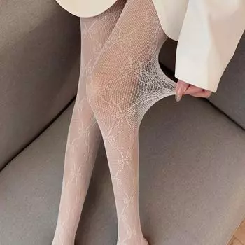 Весна 2024 Белые чулки в сеточку с бантом - Новые сексуальные колготки для женщин One Size белый