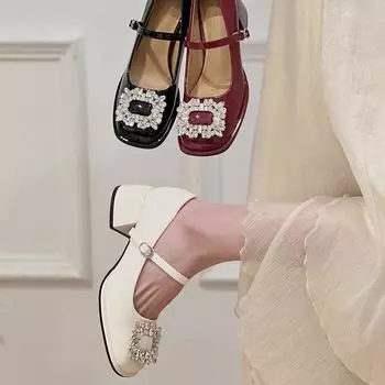 Весна 2024 г., французские ретро-туфли со стразами, квадратным носком, на низком каблуке, из лакированной кожи, с квадратной пряжкой 39 чёрный