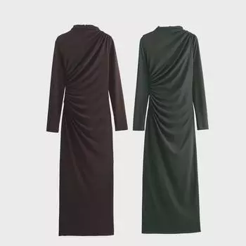 Весна 2024 г. Элегантное плиссированное платье миди в европейском и американском стиле с длинными рукавами. Extra Small