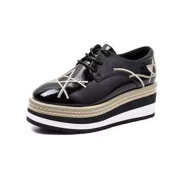 Весна 2024 г. Кексы с круглой головкой на толстой подошве и приподнятыми скатами, женские повседневные маленькие кожаные туфли в британском стиле. ХЗБ 34 чёрный