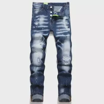 Весна 2024 г. Мужские рваные джинсы в стиле панк с заплатками и вышивкой, узкая талия D3809 30 синий