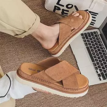 Весна 2024 г. Мужские сандалии из натуральной кожи с эффектом увеличения высоты из пробки без застежек 35 каштановый