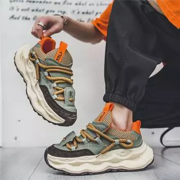 Весна 2024 г. Мужские сетчатые кроссовки, увеличивающие рост — дышащие, модные, с толстой подошвой в уличном стиле 39 зеленые хаки