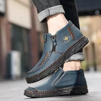 Весна 2024 г. Новые мужские повседневные туфли средней высоты с ручной строчкой, мужские большие размеры 38-48, модные повседневные туфли на молнии для активного отдыха 38 чёрный