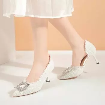 Весна 2024 г. Новые женские туфли на высоком каблуке с ромбами в твидовом стиле, белые повседневные модные туфли с сетчатым верхом из резины 34 белый