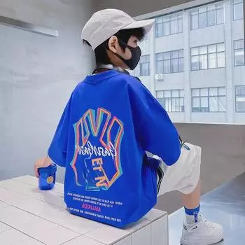 Весна 2024 г. Трендовые хлопковые футболки для мальчиков – уличная одежда с короткими рукавами для больших детей 110 cm синий