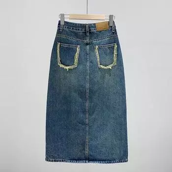Весна 2024 г. Женская джинсовая юбка А-силуэта с высокой талией и разрезом в стиле ретро L