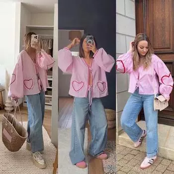 Весна 2024 г. Женская клетчатая рубашка с длинным рукавом Love Pocket - европейский и американский стиль