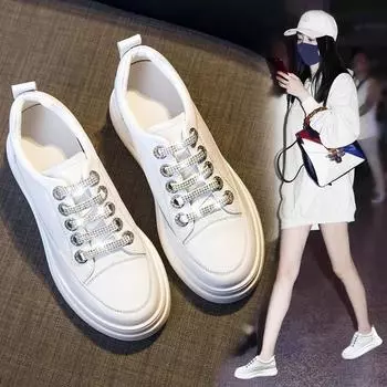 Весна 2024 г. Женские белые кроссовки из толстой кожи: Универсальная повседневная обувь, увеличивающая рост 34