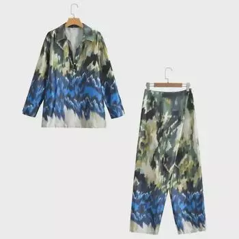 Весна 2024 г., женский комплект из рубашки с принтом и брюк с запахом M