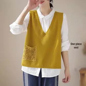 «Весна 2024 г., женский трикотажный жилет без рукавов с кружевной отделкой – однотонный повседневный топ» One Size жёлтый