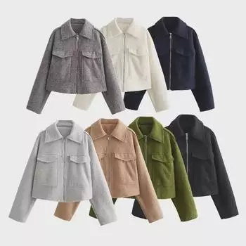 Весна 2024 г. Женский твидовый пиджак из семи цветов на молнии с карманами на лацканах Medium чёрный