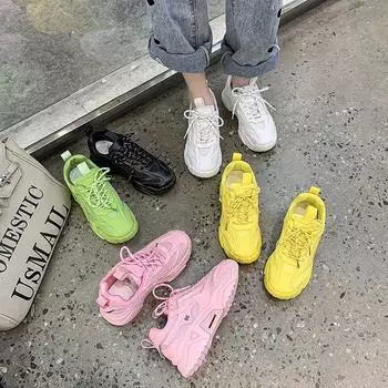 Весна 2024 года. Новая корейская версия поп-кроссовок со шнуровкой и сеткой. Повседневная спортивная обувь на толстой подошве для детей. 35 чёрный