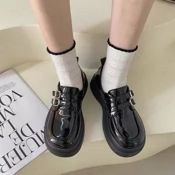 Весна 2024 года, новая корейская версия туфель-лодочек Мэри Джейн на толстой подошве с одним словом и круглой головкой, женские туфли на среднем каблуке с низким верхом из кожи 35