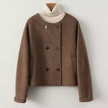 Весна 2024 года, новое двухстороннее кашемировое пальто женское короткое с круглым вырезом, темпераментное, универсальное, маленькое, ароматное, шерстяное пальто маленькое one size fits all темно-коричневого