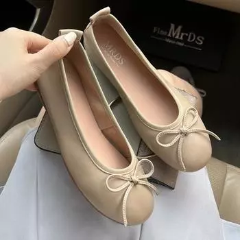 Весна 2024 года, новые корейские туфли-лодочки с бантом, женские туфли с неглубоким носком, туфли-бабушки на плоской подошве 35 бежевый