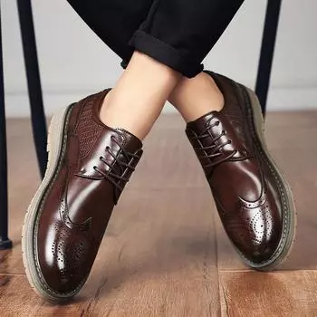 Весна 2024 года, новые кожаные повседневные туфли для мужчин, британский стиль, туфли-оксфорды на шнуровке, мужские классические туфли на толстой подошве в деловом стиле 37 чёрный