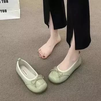 Весна 2024 года, новые модные популярные женские туфли с бантом красного цвета, универсальные туфли с круглым носком и мягкой подошвой на плоской подошве, с неглубоким вырезом, Zapatos Mujer 35 чёрный