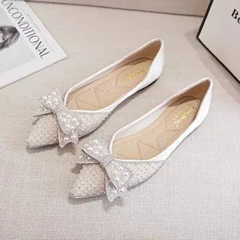 Весна 2024 года, новые туфли на плоской подошве с заостренным носком и бриллиантами в виде банта на воде, одинарные туфли для женщин 34 абрикосовый