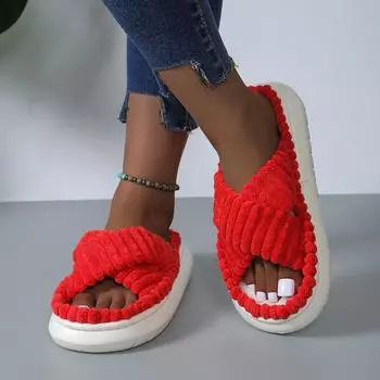 Весна 2024 года, новые женские хлопковые тапочки большого размера на платформе, простые повседневные и удобные домашние туфли с одним словом 36-37 красный